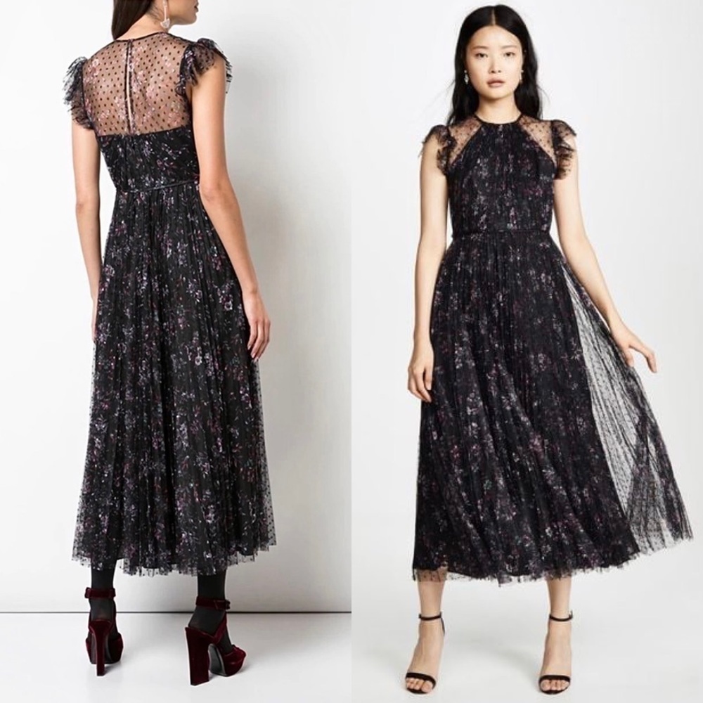 JILL STUART Floral‎ Tulle Sheer Dot Ruffle Flutter Sleeve Pleated Maxi Gown 0 - Picture 6 of 15